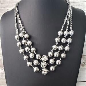 Vintage Necklace Mirrored Silver Tone Balls and Clear Gems Layered Statement